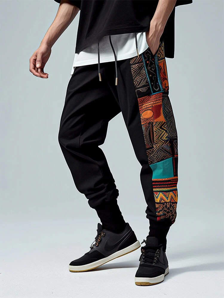 (image for) ChArmkpR Mens Pants Ethnic Pattern Patchwork Drawstring Waist Loose Sweatpants Casual Trousers